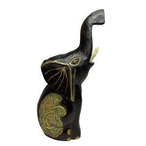 Hand Painted Carved Wooden Elephant Figurine Statue Rustic Hand Primitif Asian